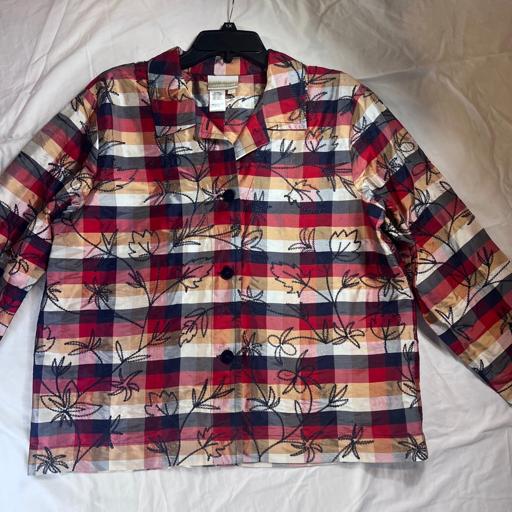 Coldwater Creek 100% Silk Plaid Floral Embroidered Button Front Shirt Large